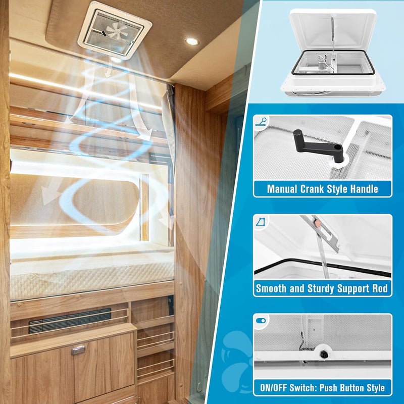 GDDGHS RV Vent Fan 14 Inch Trailer Roof Vent with 12V Fan, 14" x 14" RV Roof Vents for Trailer/Camper, Camper Vents with 6" Blades - Image 4